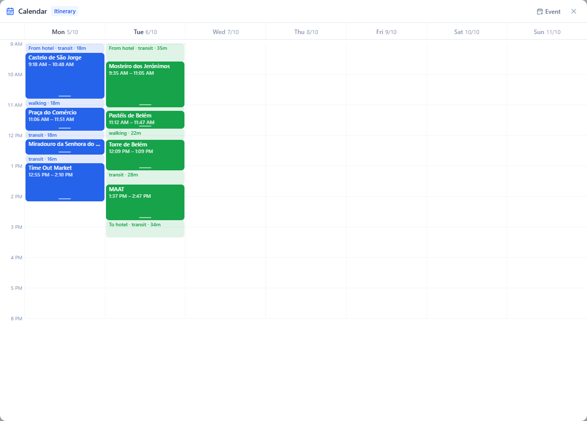 A week calendar with each stop drawn as a block
