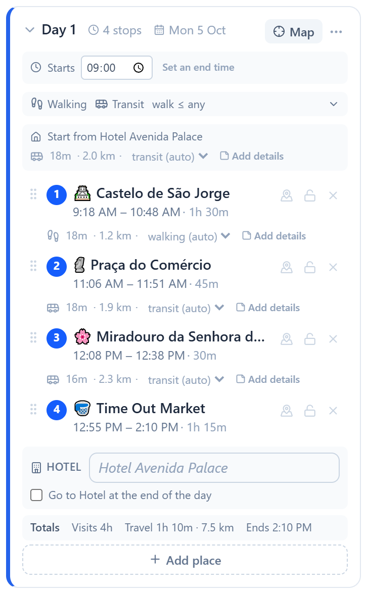 One day's plan: a list of stops with the travel time between each