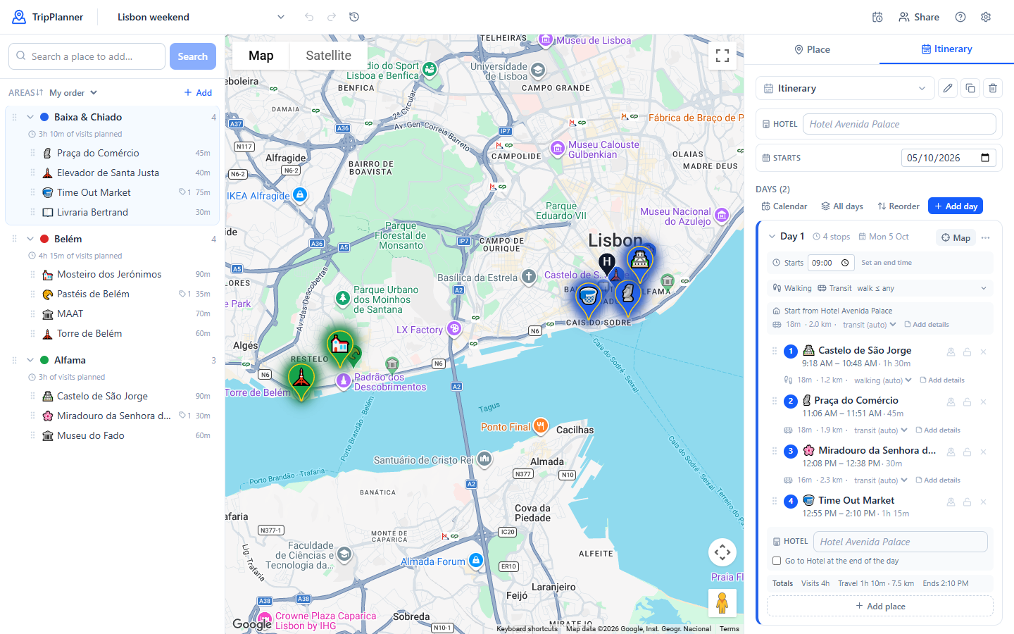 TripPlanner with a list of places on the left, a map in the middle and a day plan on the right